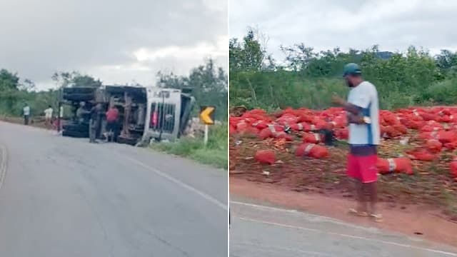 Caminhão carregado com cenouras tomba na Curva da Galinha no município de Jacobina