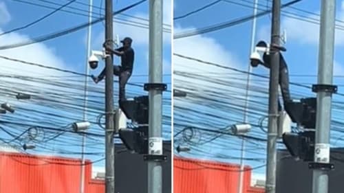 Homem escala poste para furtar câmera de segurança na Bahia