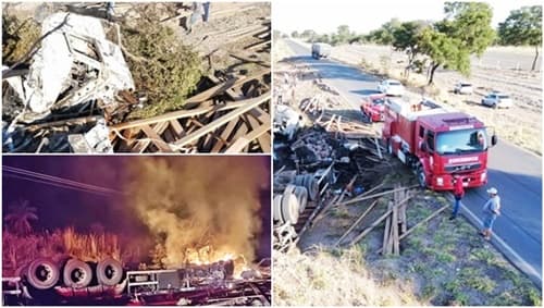 Carreta pega fogo após capotar e duas mulheres morrem carbonizadas