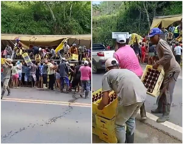 Populares saqueiam carga de cerveja após acidente em rodovia entre Gandu e Itamarati