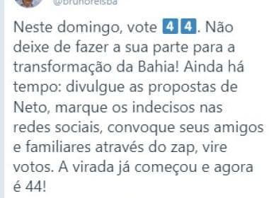 Parou no tempo? Bruno Reis pede votos para ACM Neto quatro dias depois da eleição