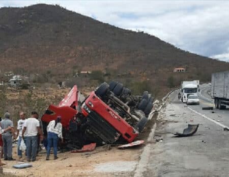 Caminhão transportando frango tomba na BR-116 e carga é saqueada