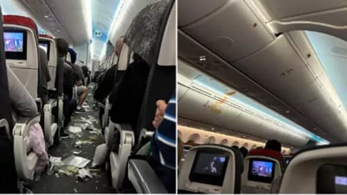 Turbulência em voo faz passageiros pularem dos assentos e comida vai parar no teto do avião