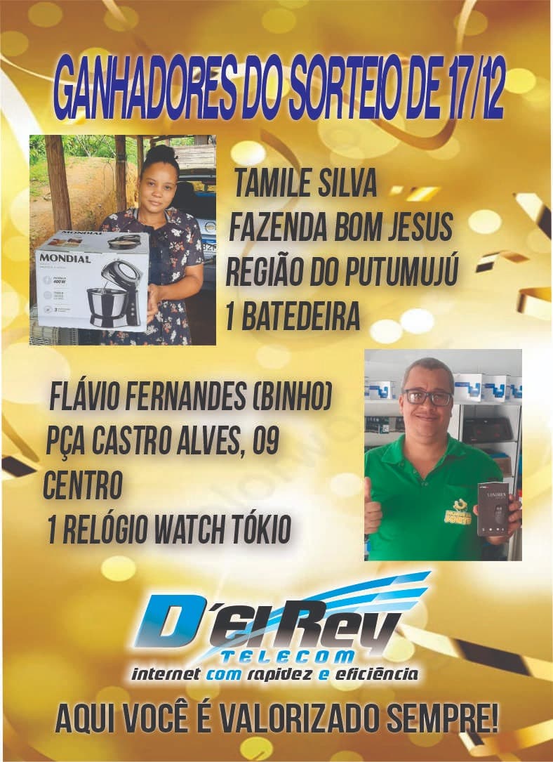 GANHADORES DO SORTEIO 17/12/2021 D'EL REY TELECOM