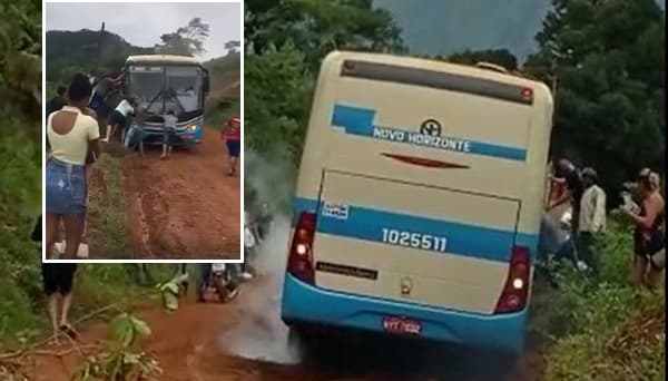 VÍDEO: Passageiros tentam desatolar ônibus da Novo Horizonte na linha Barra do Choça à Caatiba.