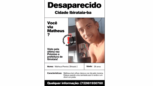 Ibirataia: Familiares procuram por Matheus Pereira, desaparecido há quase uma semana
