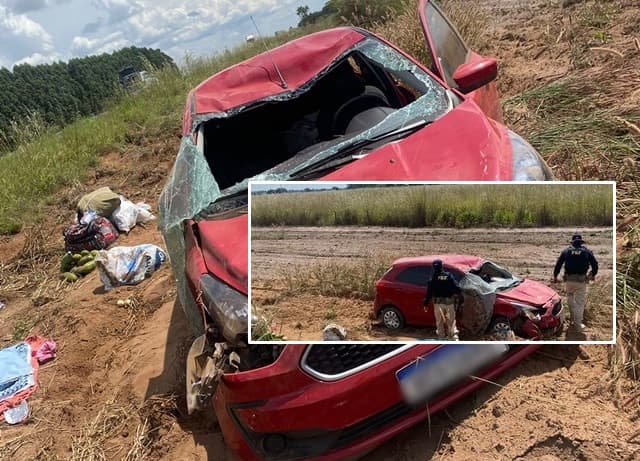 Carro com 4 pessoas capota após pneu estourar na BR-242