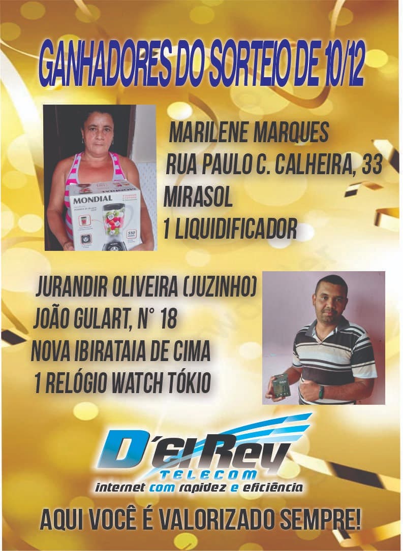 Confira os ganhadores do sorteio 10/12/2021 da D'el Rey Telecom