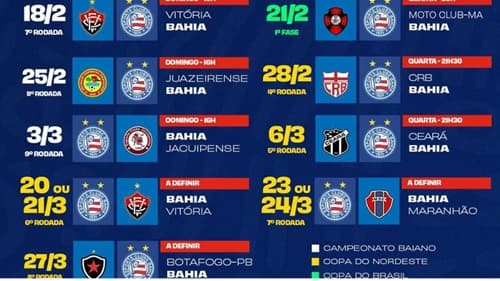 CBF anuncia tabela detalhada de mais rodadas do nordestão e confirma data de estreia do Bahia na Copa do Brasil
