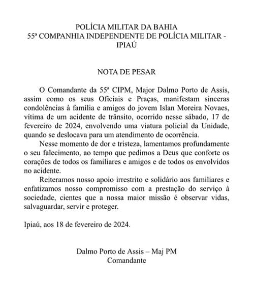 55ª CIPM divulga nota de pesar sobre morte de jovem em acidente envolvendo viatura da PM