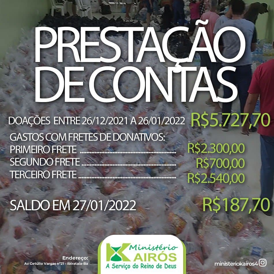 Ministério Kairós faz prestação de contas das doações recebidas em prol das famílias atingidas pela enchente