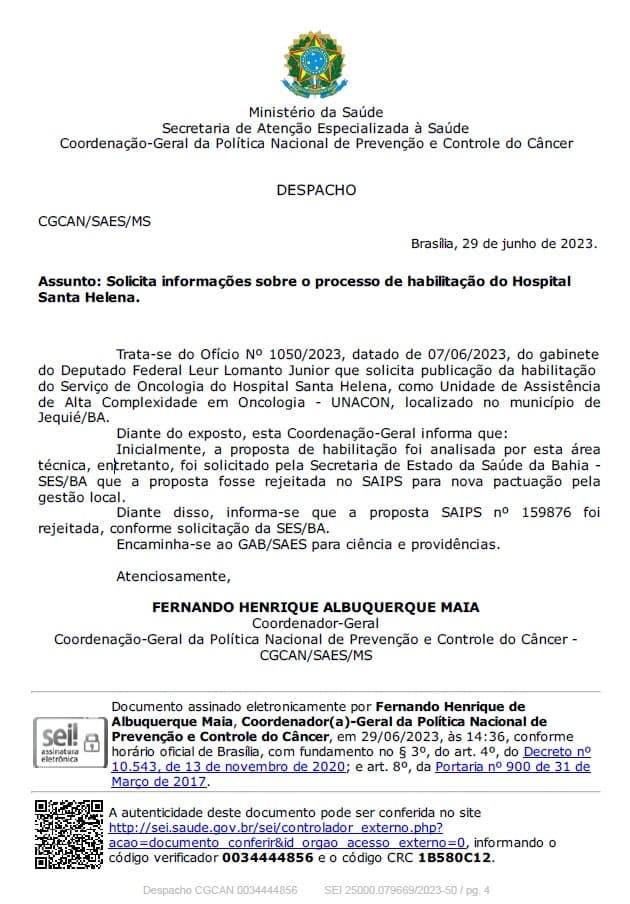 Leur Lomanto Jr recebe ofício do Ministério da Saúde informando que Secretaria de Saúde da Bahia pediu cancelamento da Unacon em Jequié