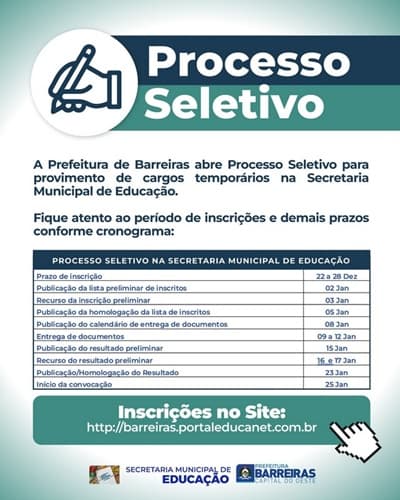 Prefeitura de Barreiras abre inscrições para Processo Seletivo Simplificado