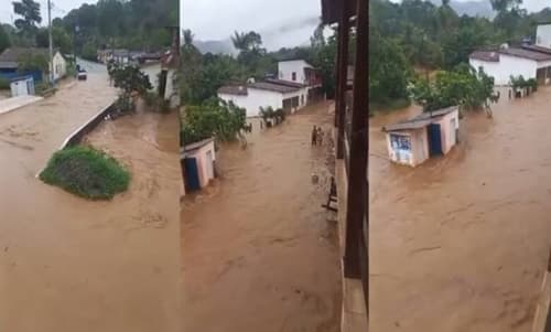Em Itamari, rio transborda e invade ruas e casas