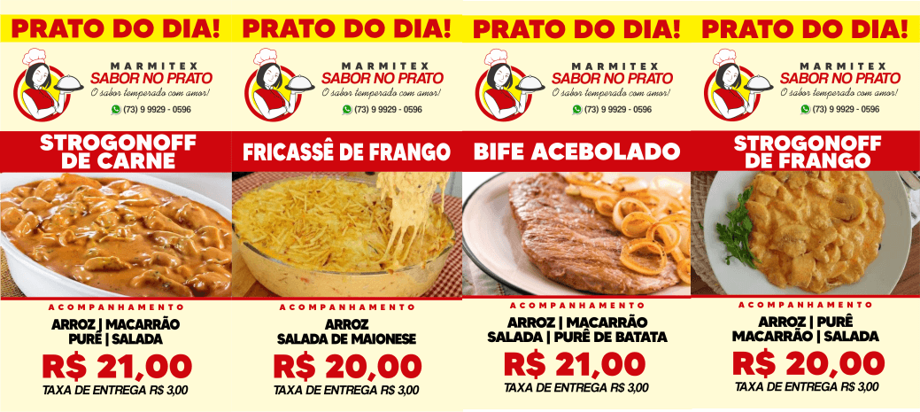 Cardápio desta terça-feira, 10, da MARMITEX SABOR NO PRATO