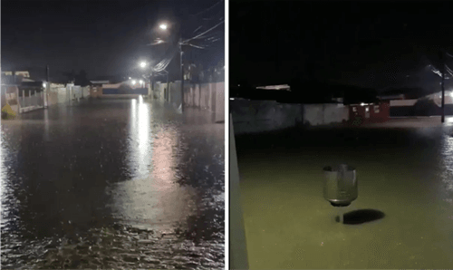 Fortes chuvas alagam ruas da cidade de Amélia Rodrigues, na Bahia