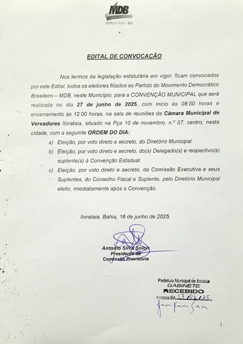 MDB de Ibirataia convoca convenção municipal para eleger novo diretório