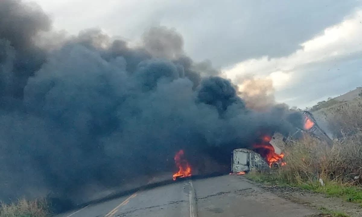 Homem morre carbonizado após carro bater de frente com caminhão baú na BA-130