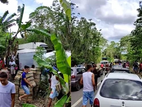 Caminhão tomba na BR-101, próximo a Gandu, e carga de biscoitos é saqueada