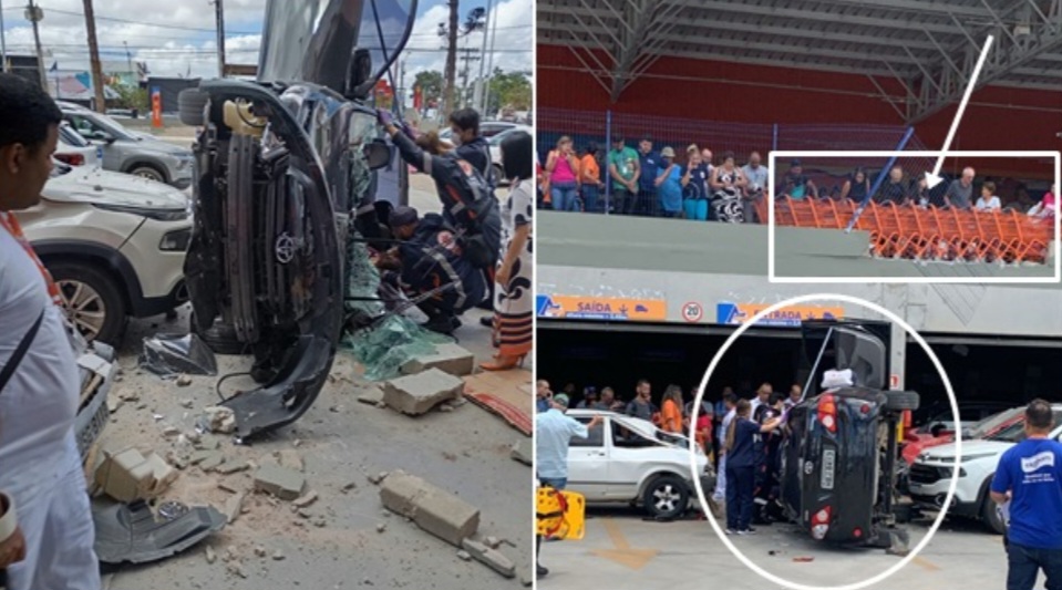 Imagens mostram veículos destruídos após carro despencar de estacionamento
