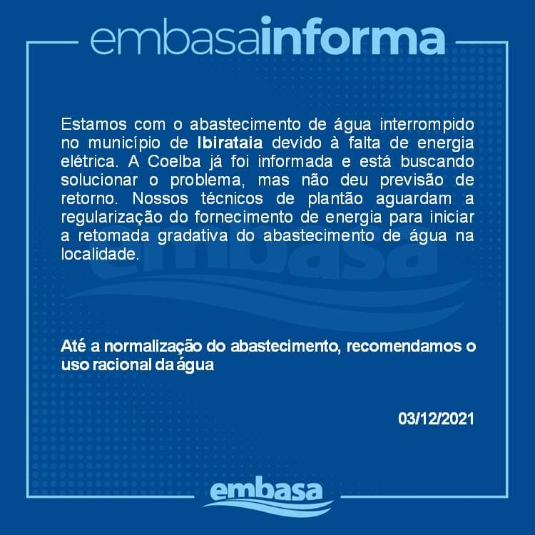Comunicado da Embasa | Abastecimento de água interrompido no município