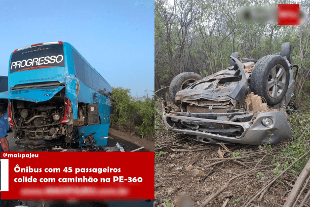 Ônibus com 45 passageiros colide com caminhão na PE-360