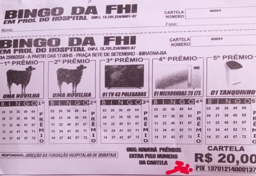 Bingo Beneficente em Prol da Fundação Hospitalar de Ibirataia será nesta terça-feira, 25