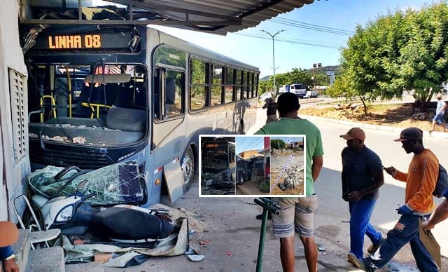 Ônibus desgovernado desce ladeira derruba poste arrasta moto batendo em residência