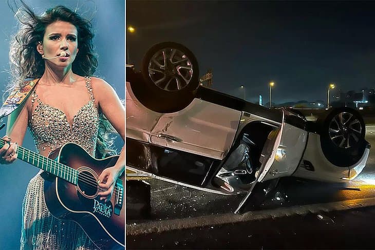 Carro de Paula Fernandes capota após veículo desgovernado bater na traseira